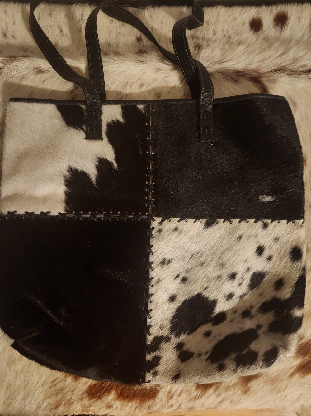 Black and White Patchwork Cowhide Tote Bag - Unbranded